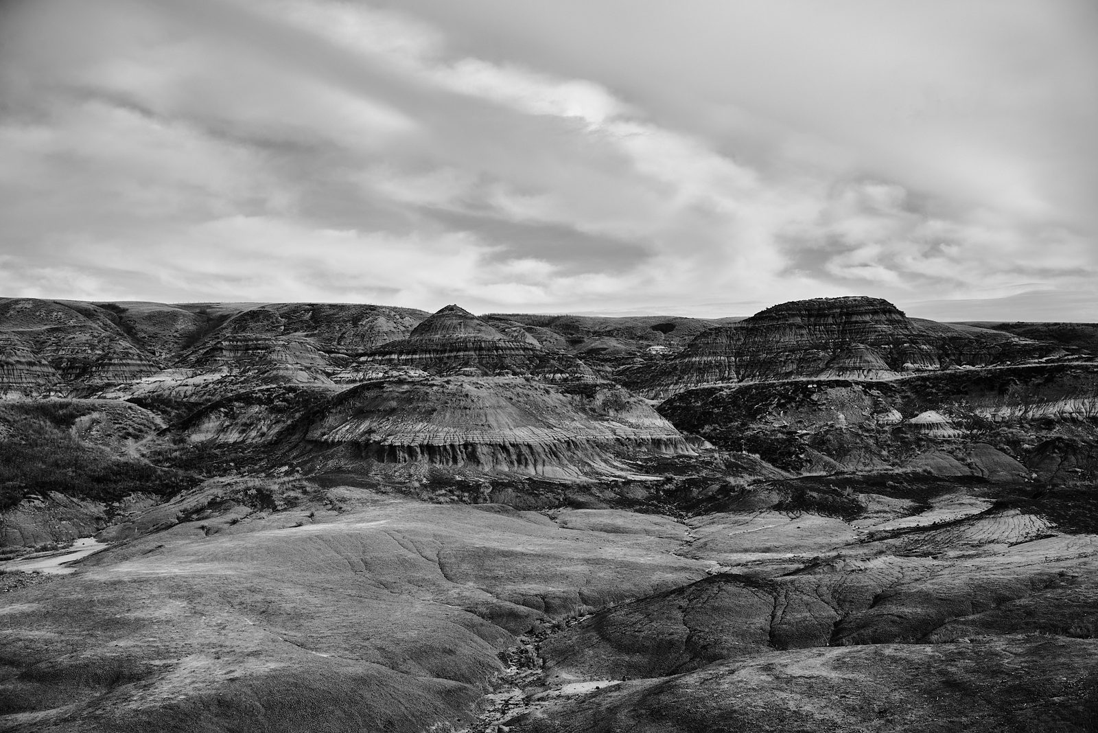 Drumheller badlands with layered hoodoos stretching to the horizon, black and white